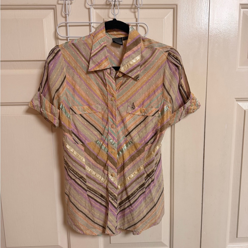 VTG RARE Y2K Ribbon Trim Volcom Button Down Blouse Boho Maximalist